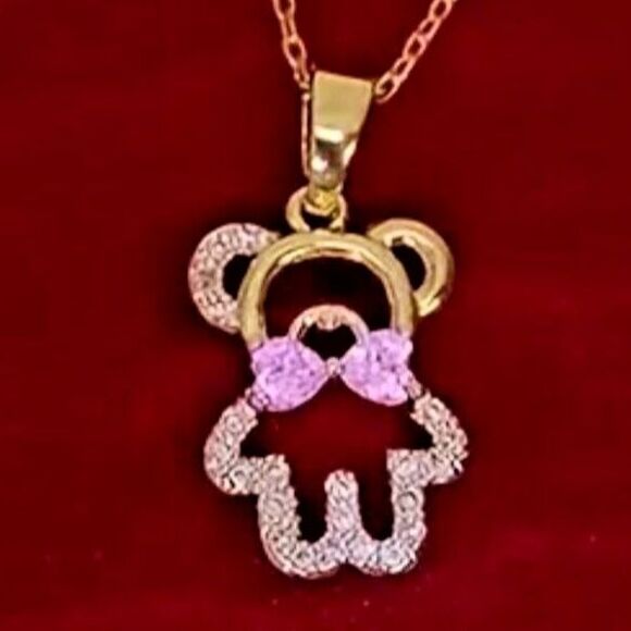Iced Gold Rhinestone BEAR Pink HEARTS Bow Gold Chain Necklace - Picture 1 of 4